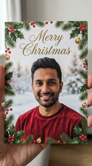 Christmas post idea: classic red holiday card with pine and gold ornaments