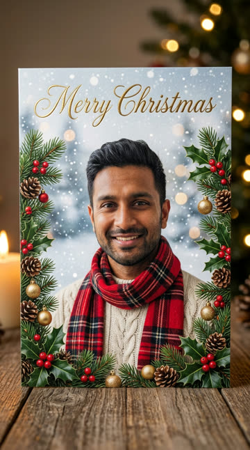 Couple Christmas card idea: a person in a cream sweater and plaid scarf on a snowy holiday card
