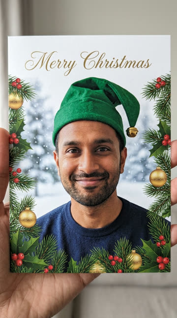 Funny Christmas card idea: a green elf hat with a bell on a holiday card
