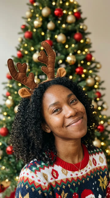 Funny Christmas photo idea: reindeer antler headband and a patterned holiday sweater