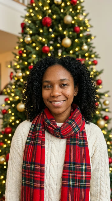 Cozy Christmas post idea: woman in a cream sweater and plaid scarf by a lit tree