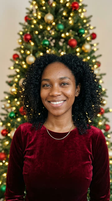 Christmas photo idea: red velvet outfit by the tree