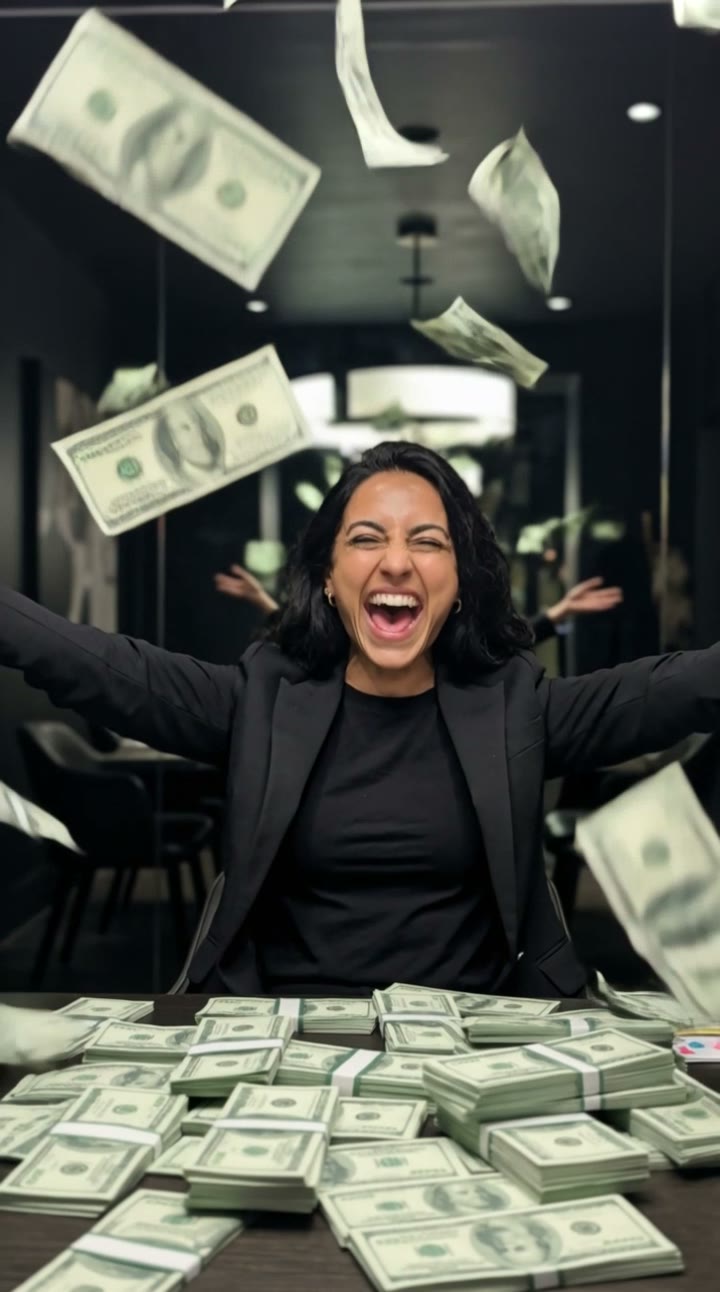 AI Money Rain Video Generator: AI trend video example made with a fictional AI person